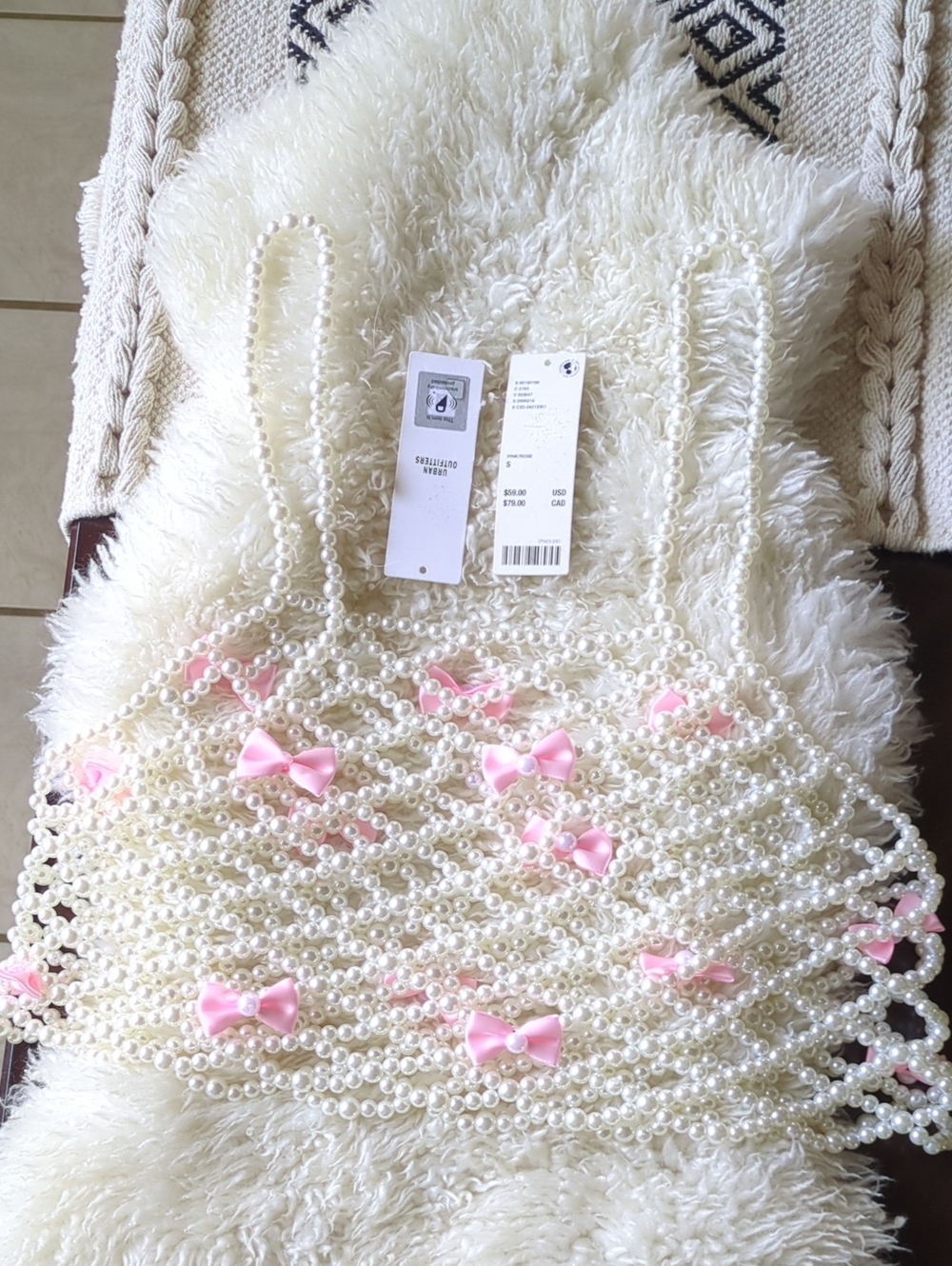 Urban Outfitters Pearl Beaded Mini Bag with Pink Bows - White & Pink